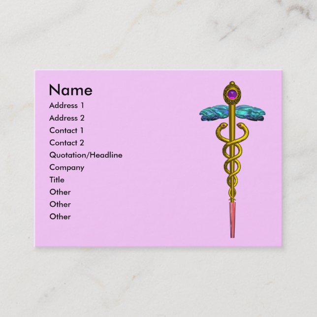 Tarjeta De Visita CADUCIO DE ORO, MÉDICA, SERVICIO MÉDICO, Púrpura R (Anverso)