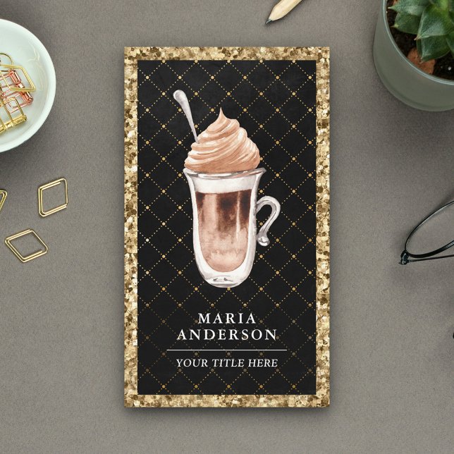 Tarjeta De Visita Café de Mocha Latte con Brillo de Oro Negro (Subido por el creador)
