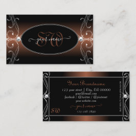Tarjeta De Visita Café Negro Marrón Ornamentado Brillo Joyas Inicial