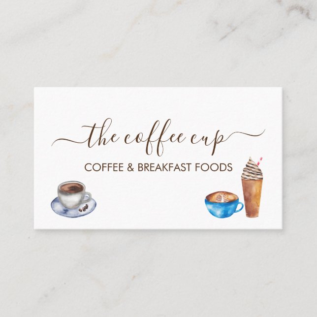 Tarjeta De Visita Cafetería Cafe Restaurante Acuarela Escrito a mano (Anverso)