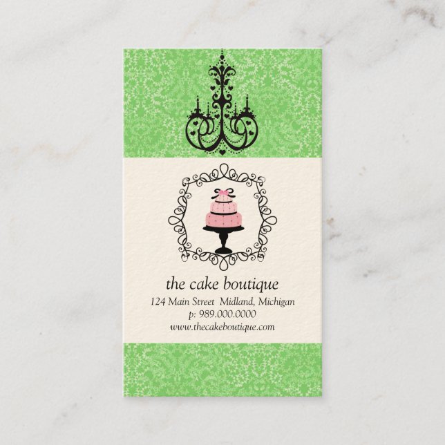 Tarjeta De Visita Cake Boutique Fancy Green Damask (Anverso)