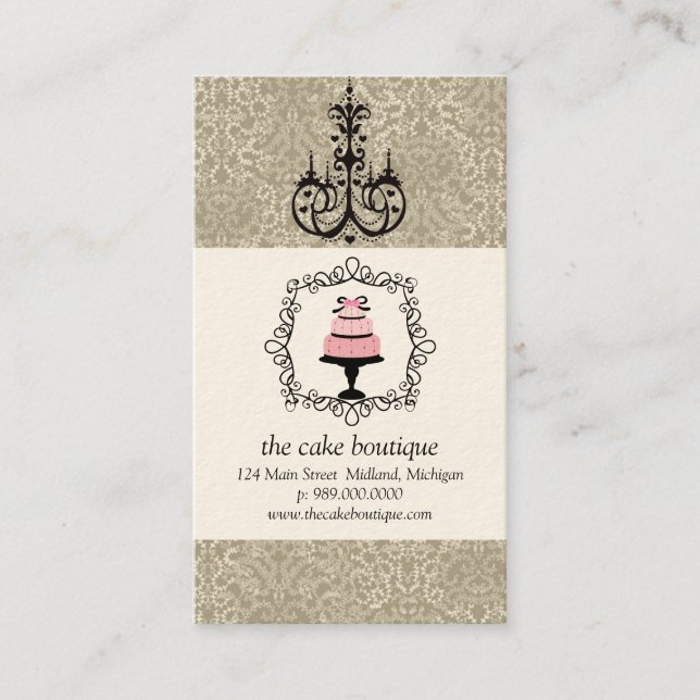Tarjeta De Visita Cake Boutique Fancy Taupe Damask (Anverso)