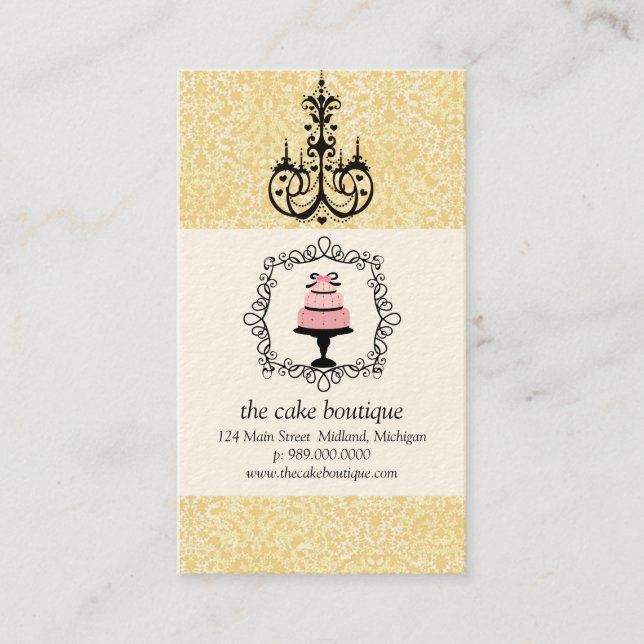 Tarjeta De Visita Cake Boutique Fancy Yellow Damask (Anverso)