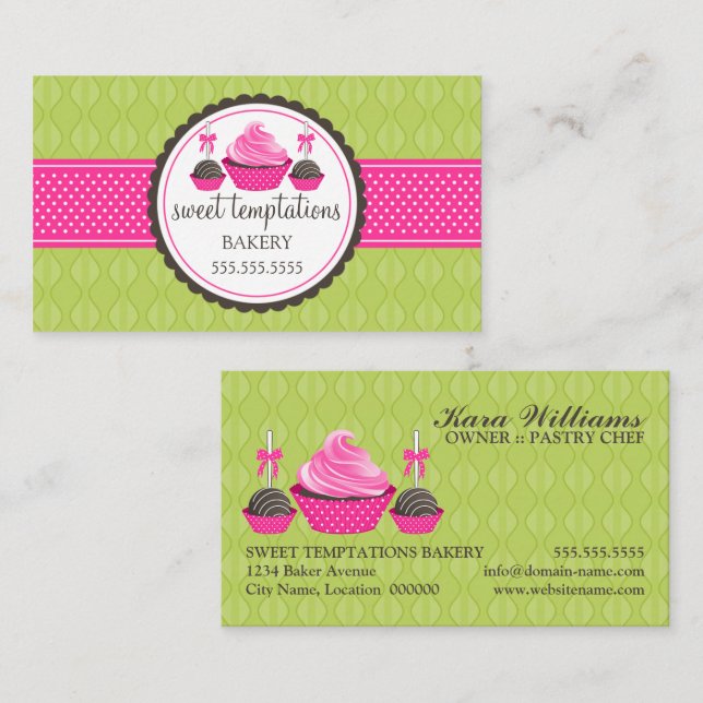 Tarjeta De Visita Cake Pops y Cupcake Verde Rosa (Anverso / Reverso)