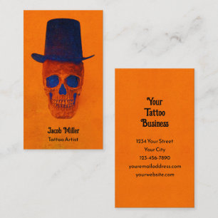 Tarjeta De Visita Calavera con artista de tatuaje azul Naranja de so