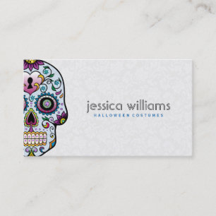 Tarjeta De Visita Calavera De Azúcar Floral Con Diamantes Rosa