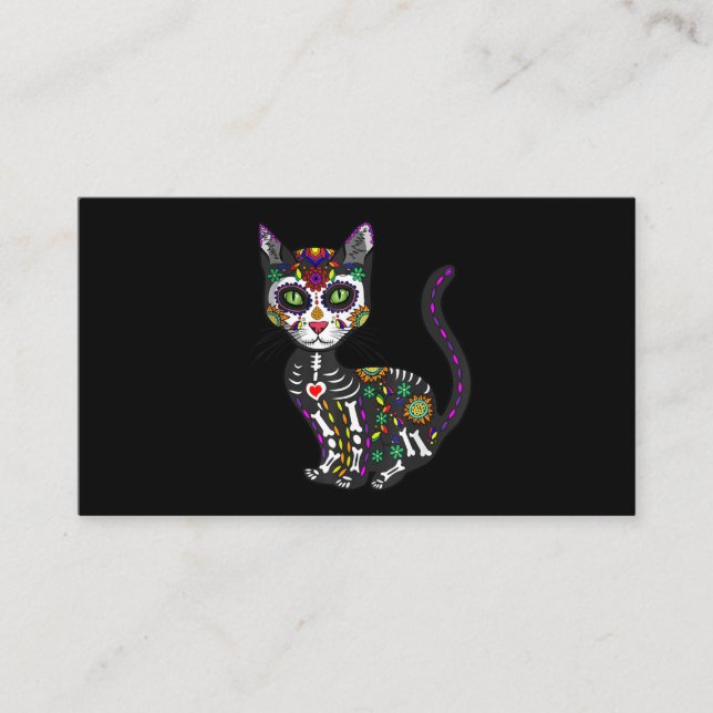 Tarjeta De Visita Calavera de azúcar Gato Mexicano Halloween Día De  (Anverso)