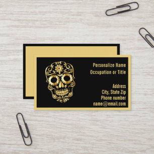 Tarjeta De Visita Calavera de Esqueleto Dorado Gótico sobre Negro