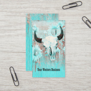 Tarjeta De Visita Calavera de toro occidental azul turquesa rústica 