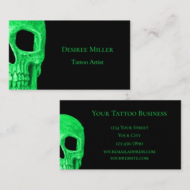 Tarjeta De Visita Calavera gótica cara Neon Green Tattoo Shop (Anverso / Reverso)