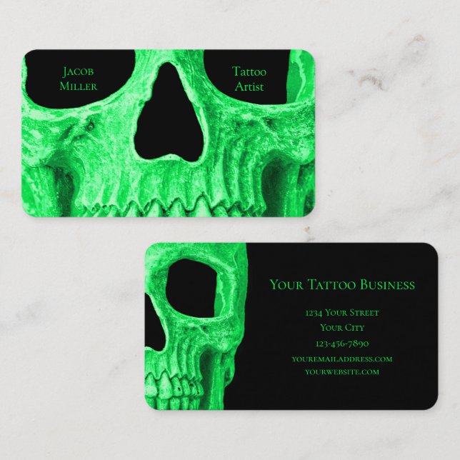 Tarjeta De Visita Calavera gótica cara Neon Green Tattoo Shop (Anverso / Reverso)