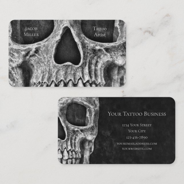 Tarjeta De Visita Calavera Gótica Enfrenta Tatuaje Blanco Y Negro (Anverso / Reverso)