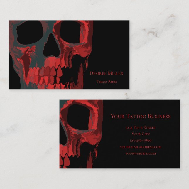 Tarjeta De Visita Calavera gótica verde rojo negro macabro (Anverso / Reverso)