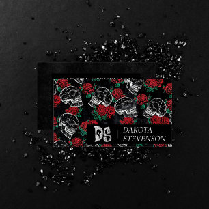 Tarjeta De Visita Calaveras y rosas rojas   Monograma Gótico Moderno