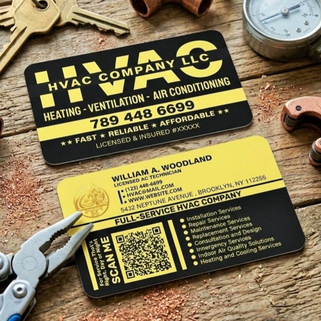 Tarjeta De Visita Calefacción y aire acondicionado | Mejor HVAC de l (black and gold contractor cards, custom heating and cooling cards, HVAC business cards with QR)