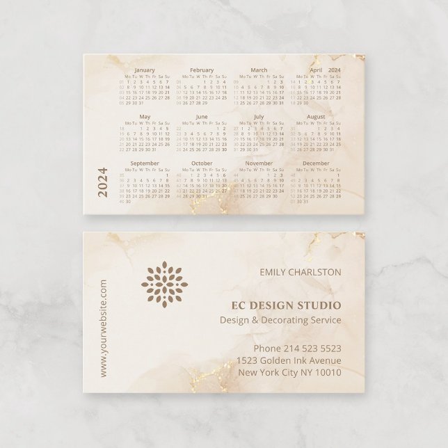 Tarjeta De Visita Calendario 2024 Elegante estilo moderno Beige Tint (2024 Business Card Calendar. Modern elegant gold beige watercolor background, with company logo.)