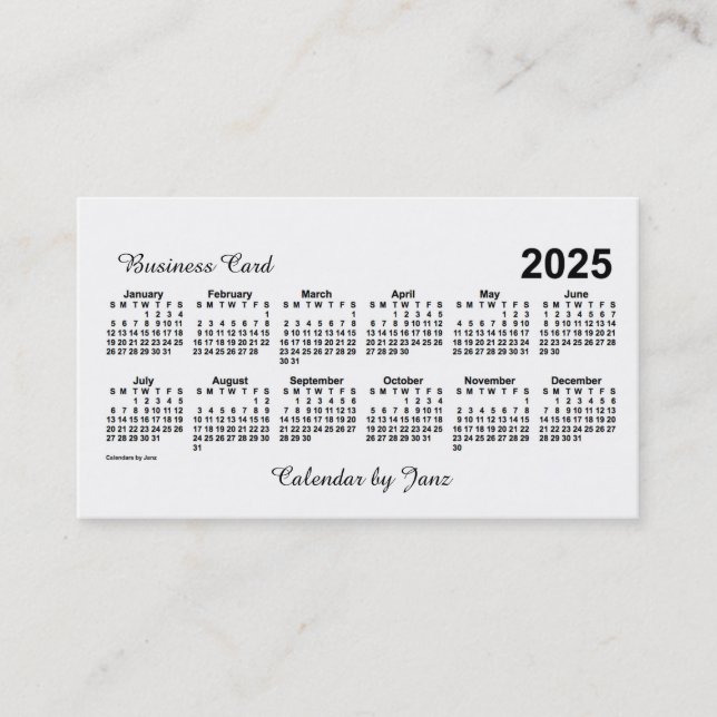 Tarjeta De Visita Calendario Blanco 2025 de Janz (Anverso)