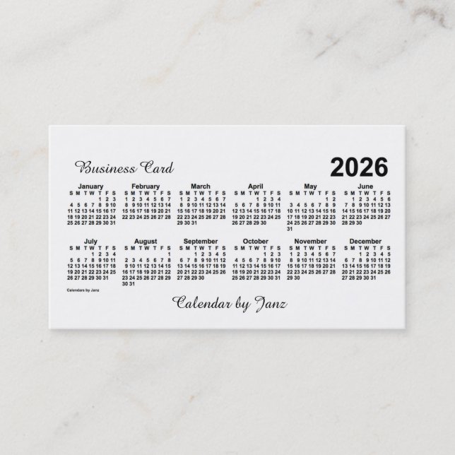 Tarjeta De Visita Calendario Blanco 2026, de Janz (Anverso)