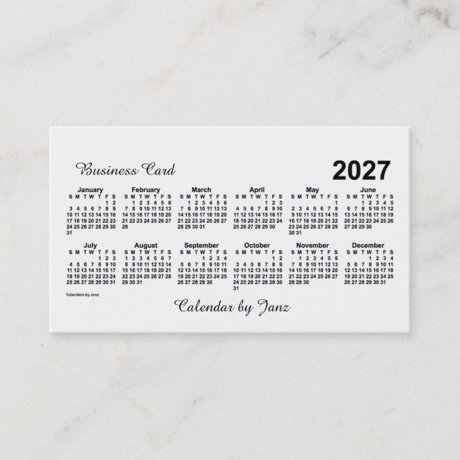 Tarjeta De Visita Calendario Blanco 2027, de Janz (Anverso)