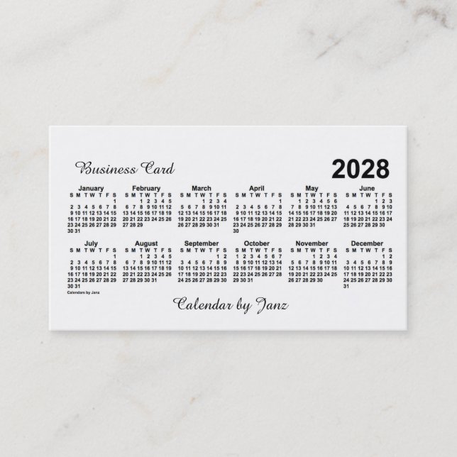 Tarjeta De Visita Calendario Blanco 2028 de Janz (Anverso)