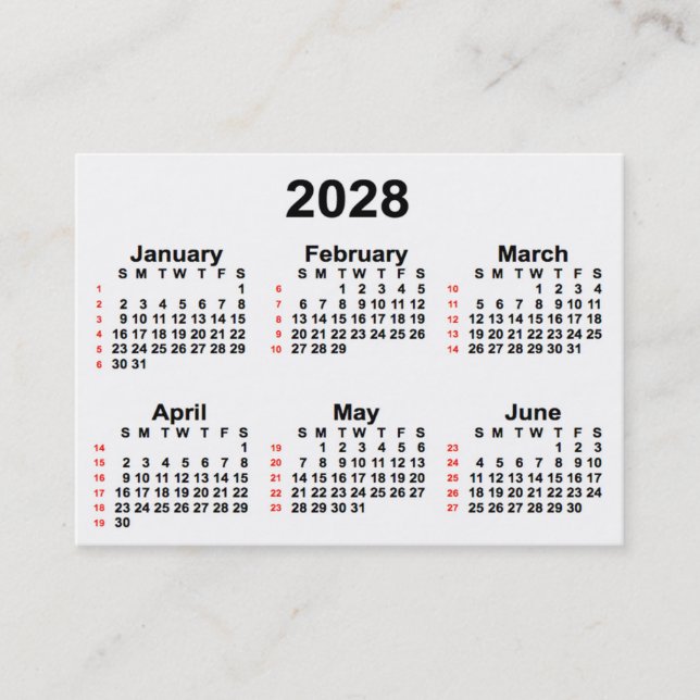 Tarjeta De Visita Calendario blanco de 52 semanas 2028 de Janz Busin (Anverso)