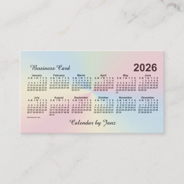 Tarjeta De Visita Calendario de nubes arcoiris 2026, de Janz (Anverso)