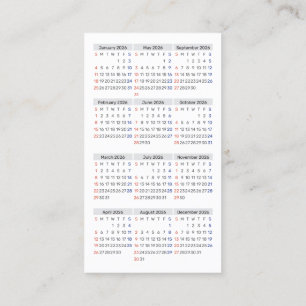 Tarjeta De Visita Calendario de tamaño de billetera 2026 con inicio