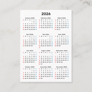 Tarjeta De Visita Calendario dominical 2026 Gracias por su compra