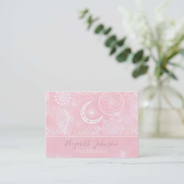 Tarjeta De Visita Cálido blanco y rosa Dreamcatcher Feathers Mandala (Anverso de pie)