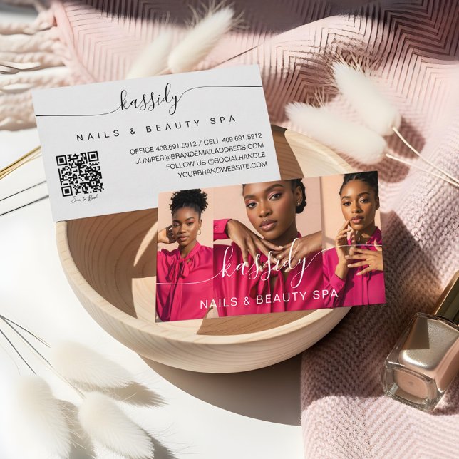 Tarjeta De Visita Caligrafía de guión de collage de fotos Monograma  (Photo Collage Script Calligraphy Monogram QR Code Business Card)