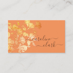 Tarjeta De Visita Caligrafía Elegante Coral Floral Dorado