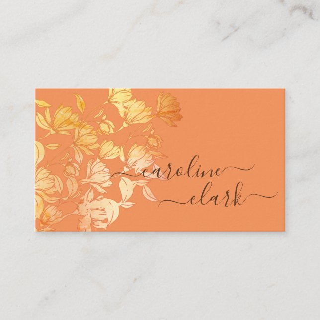 Tarjeta De Visita Caligrafía Elegante Coral Floral Dorado (Anverso)