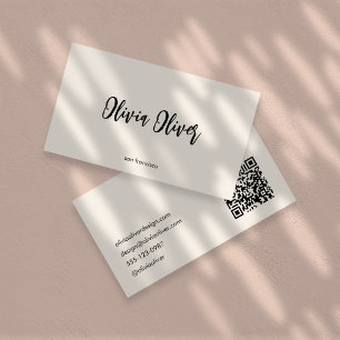 Tarjeta De Visita Caligrafía minimalista código QR moderno crema mar