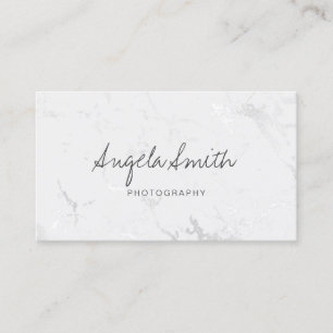 Tarjeta De Visita Caligrafía minimalista mármol plateado blanco hoja