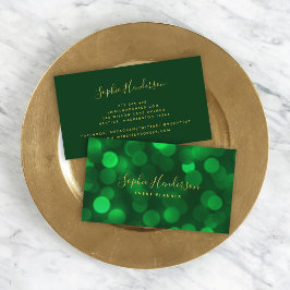 Tarjeta De Visita Caligrafía moderna luces de bokeh verde esmeralda