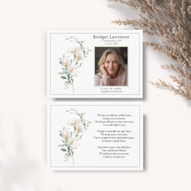 Tarjeta De Visita Calla Lily Sage Green Memorial Photo Prayer Card (Subido por el creador)