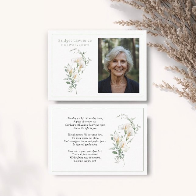 Tarjeta De Visita Calla Lily Sage Green Memorial Photo Prayer Card (Subido por el creador)