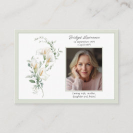 Tarjeta De Visita Calla Lily Sage Green Memorial Photo Prayer Card