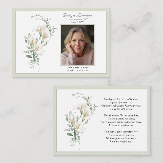 Tarjeta De Visita Calla Lily Sage Green Memorial Photo Prayer Card (Anverso / Reverso)