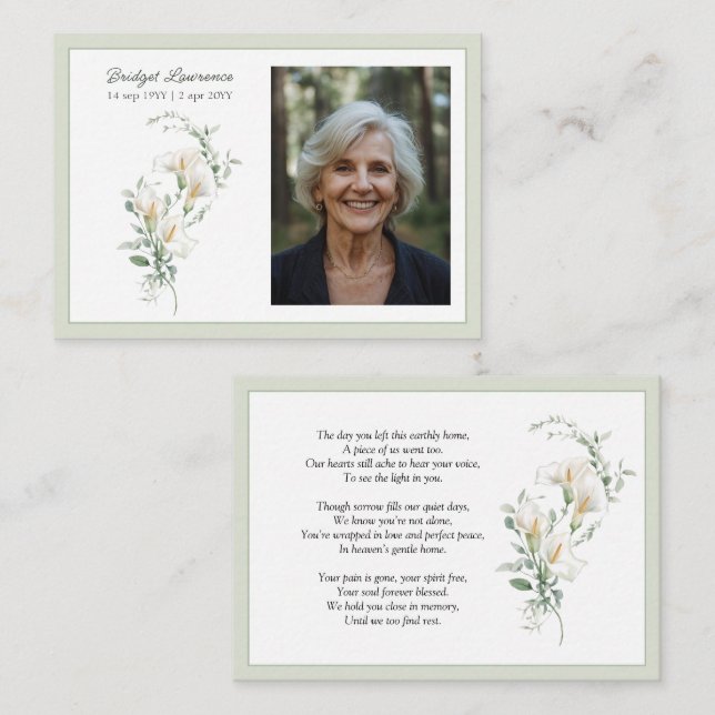 Tarjeta De Visita Calla Lily Sage Green Memorial Photo Prayer Card (Anverso / Reverso)