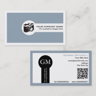 Tarjeta De Visita Cámara de fotógrafo y código QR azul polvoriento