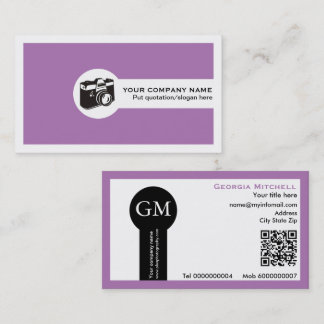 Tarjeta De Visita Cámara de fotógrafo y código QR púrpura