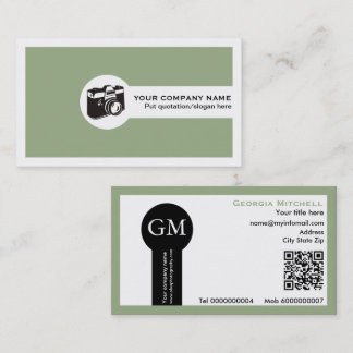 Tarjeta De Visita Cámara de fotógrafo y código QR verde salvia
