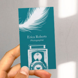 Tarjeta De Visita Cámara de fotógrafos y plumas Verde azuladas moder
