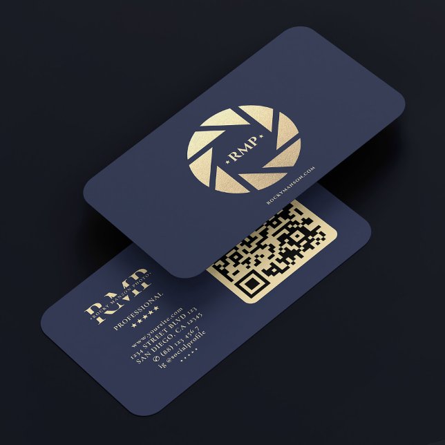 Tarjeta De Visita Cámara de oro lente a fotógrafo azul de la marina  (Gold Camera Lens Dark Navy Blue Photographer Business Card
)