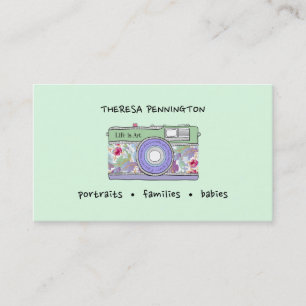 Tarjeta De Visita Cámara dibujada a mano floral lavanda verde menta 