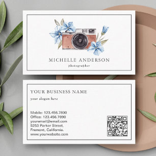 Tarjeta De Visita Cámara Floral Azul Vintage Código QR Fotógrafo