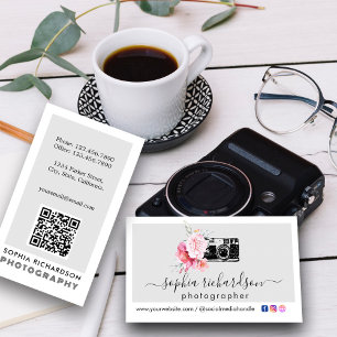 Tarjeta De Visita Cámara floral moderna Fotógrafo de código QR