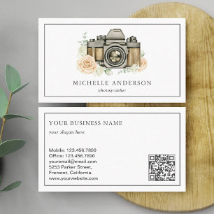 Tarjeta De Visita Cámara floral vintage código QR fotógrafo