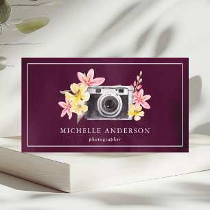Tarjeta De Visita Cámara Floral Vintage Código QR Fotógrafo Púrpura